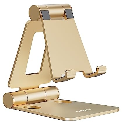 Nulaxy Phone Stand for Desk, Fully Foldable Adjustable Mobile Phone Holder Dock Compatible with iPhone 16 15 14 13 12 11 Pro Max Xs Xr X 8, HUAWEI, Galaxy, Nintendo Switch, All Phones - Gold