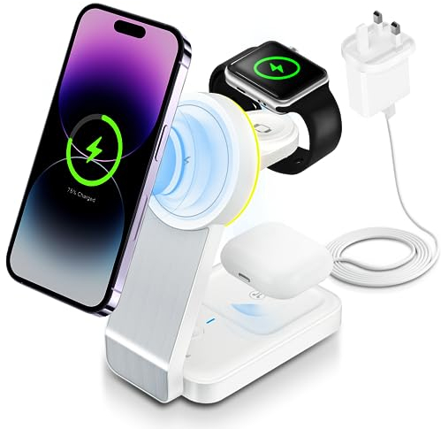 Foldable Travel Wireless Charger,Magnetic 3 in 1 Wireless Charging Station,18W Fast Magsafe Charger Stand for iPhone 16/15/14/13/12 Pro Max,iWatch Series,Airpods 3/2/pro