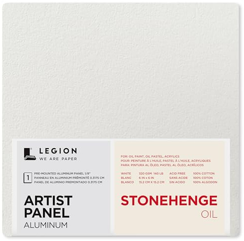 Legion Artist Panel, 1/8 Composite Brushed Aluminum with Stonehenge Oil 100% Cotton White 320gsm Paper, 6 x 6 inches for Oil Media