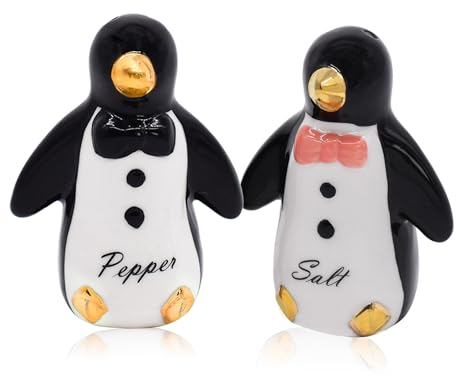 Salz- und Pfefferstreuer-Sets aus Keramik, Tischzubehör, niedliches Pinguin-Design, Familiengeschenke mit Geschenkbox (schwarz und goldfarben)