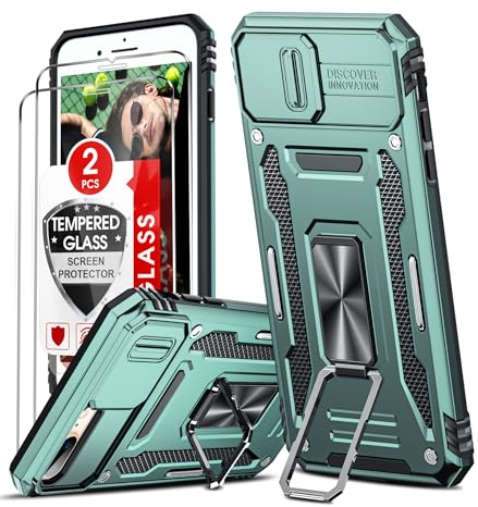 LeYi Kameraschutz Hülle für iPhone 7 Plus/8 Plus Handyhülle [2 Glasfolie Schutzfolie], Militär Standard Handy Hüllen Ständer Schutzhülle Kamera Schutz Schiebeabdeckung Case Hellgrün