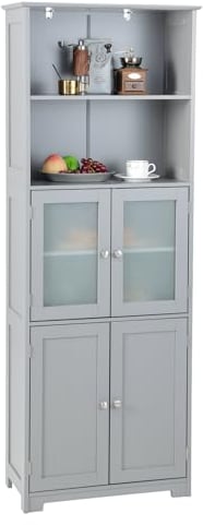 GOPLUS Armario de baño con estantes y armarios, armario alto con puertas de cristal y estantes ajustables, armario de almacenamiento para salón, baño y cocina (gris)