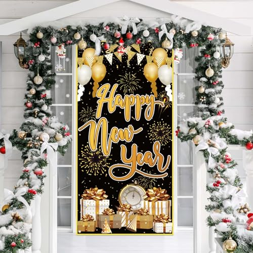 LOOPES Silvester Deko 2025 Schwarz Gold Banner Neujahr Tür Abdeckung Dekoration Neujahrs Banner Happy New Year Deko Tür Hängen Banner für Indoor Outdoor Neujahr Silvesterparty Dekoration 91x182cm