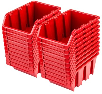 magubo Werkstatt-Stapelkiste, Stapelbox aus PP Kunststoff, Sichtlagerbox in verschiedenen Größen, Lagerboxen für Werkzeugswand, Sichtlagerkasten, Sortierbox (20X Rot, 155x95x70mm)