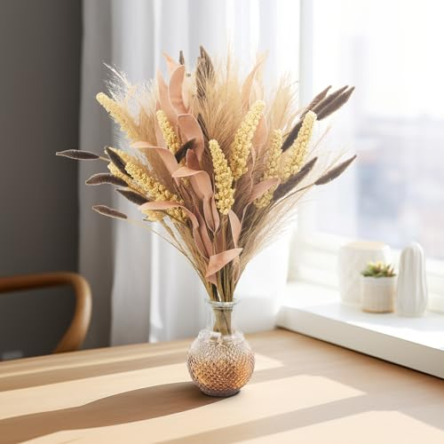 Dried Pampas Grass Bouquet, Bundle of 3 Dry Flowers for Vase Decor, Bunny Tails Dried Flowers, Fluffy Artificial Bouquet for Wedding Boho Flowers Home Table (Pink)