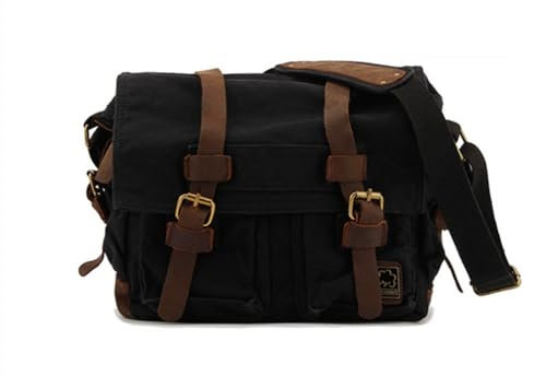 Sechunk Schultertasche Vintage Leder Umhängetasche Canvas Laptop Tasche Retro Messenger Taschen (Schwarz, Klein-13‘’)