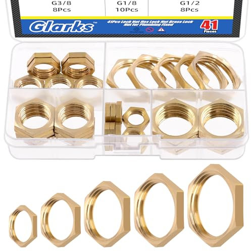 Glaks 41Pcs Lock Nut Set, G1/8 G1/4 G3/8 G1/2 G3/4 Hex Brass Female Lock nut Pipe Fitting for Plumbing
