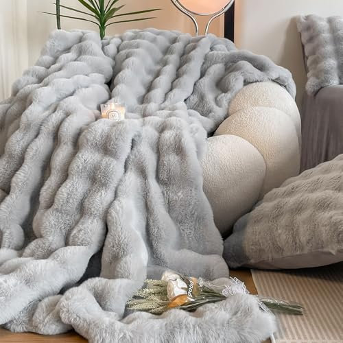 Kuscheldecke Kaninchen Plüsch Decke Kunstfell Warme Überwurfdecke Sofadecke Vielseitig Blanket für Couch Bett Sofa (Hellgrau, 160 * 200cm)