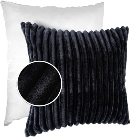 Dekokissen Kissenbezug Sofakissen Pillow Plüsch Kuschelkissen Zierkissen Cord Kissen Couchkissen Kord Kissenhülle ultraweich gestreift Lilli 60x60cm mit Füllung Schwarzblau