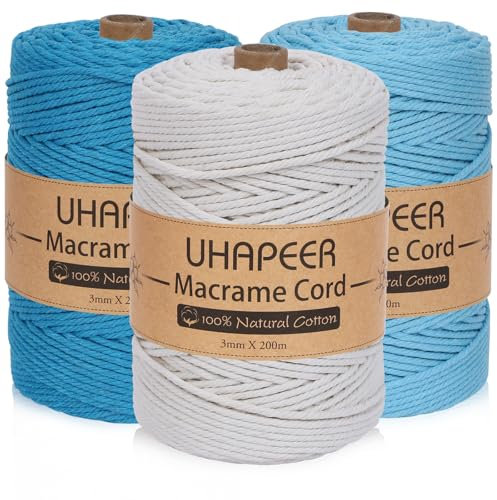 Uhapeer Cordoncino in cotone macramè da 200 m x 3 mm, colore bianco naturale per artigianato e corda macramè blu per lavori a maglia fai da te, ganci per piante, decorazione da appendere alla parete
