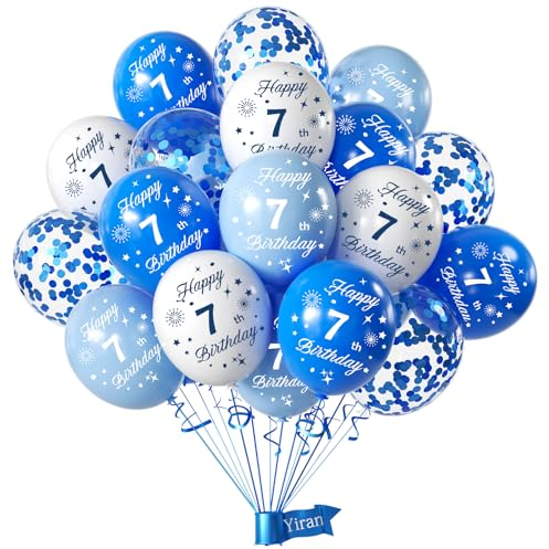 Yiran 7 Jahre Geburtstag Deko Set - 16 Stück Luftballons für Jungen, Happy Birthday Blau Weiß Konfetti Ballons, Party Dekoration für 7. Geburtstag