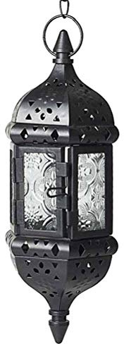 TOPINCN Marokkanischer Vintage-Kronleuchter-Kerzenhalter, Hängelaterne, Hängender Teelicht-Kerzenhalter, Glas, für Drinnen und Draußen, LED-Flammenloser Kerzenhalter (Black)