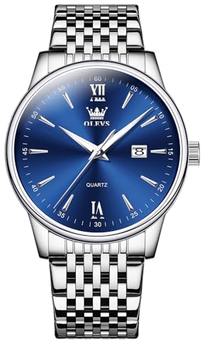 OLEVS Herren Uhr Blau Römische Ziffern Eleganz Armbanduhr Großgesicht Silber Edelstahl Wasserdicht Herrenuhren Minimalist Leuchtend mit Datumsanzeige Analog Quarz Herren Kleid Uhr