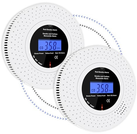 Scondaor Interlinked Smoke and Carbon Monoxide Detector Combo with LCD Display, Pre-Linked Smoke Alarms for Home Replaceable AA Battery Included, Smoke CO Alarm with Test/Silence Button (2 Pack)