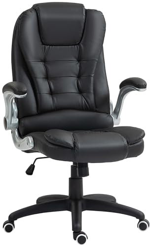 HOMCOM Sedia da Ufficio Ergonomica con Braccioli Ribaltabili e Poggiatesta, Sedia Scrivania Girevole con Altezza Regolabile e Funzione Dondolo in Pelle PU per Studio e Camera da Letto, Nero