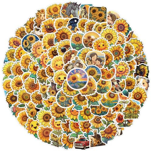100 Stück Sonnenblumen. Aufkleber Pack Sunflower Sticker Set wasserdichte Vinyl Sticker für Laptop Kinder Autos Motorrad Fahrrad Skateboard Gepäck Koffer Computer Aufkleber Graffiti Decal