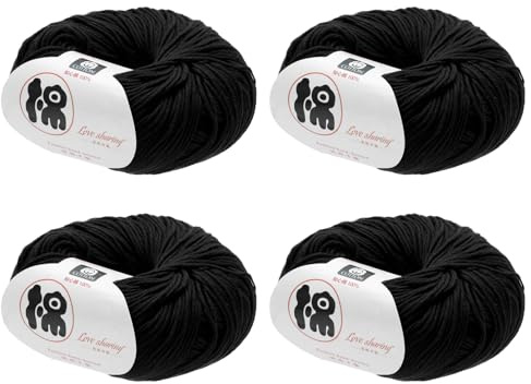 Rebower Cotton Yarn,100% Cotton Soft Knitting Yarn [for Hand DIY Bag Cushion Crocheting Knitting Projects Home Decor], -4 Skeins/4×218yards/4×4.54oz/Black