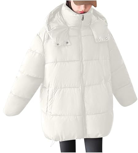 Winterjacken für Damen, mit Kapuze, lässig, Pufferjacke, Winter, warm, gepolstert, Reißverschluss, langärmelig, Outcoat mit Tasche, lockere Mode, Outwear, weiß, L