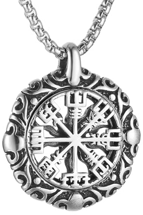 HZMAN Wikinger Vegvisir Nordischer Kompass Edelstahl Halskette Doppelseitige Hohlgravur Sonne Totem Anhänger Nordisches Amulett Schmuck