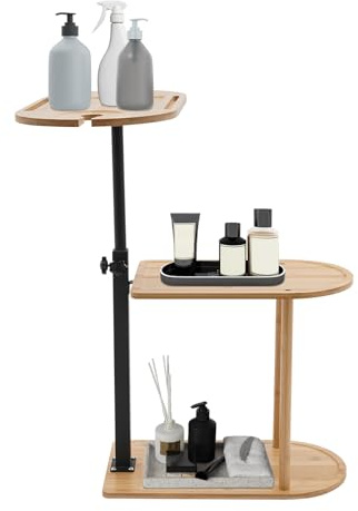 Ciounmb 3-Schichten Bambus-Badewannen-Tablett: 360° drehbarem Tischplatte, Verstellbare Höhe, stabile Basis, ideal für Badezimmer, Badewanne, Sofa-Beistelltisch