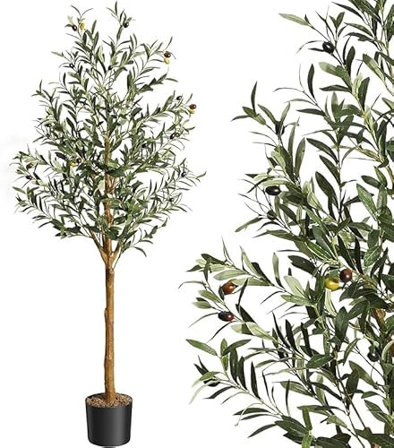 Olivier Artificiel 5FT, 150cm Grand Plantes Fausses, Plantes d'olivier artificielles avec Feuilles réalistes, Tronc en Bois, Fruits, pour l'intérieur, l'extérieur et Le Salon
