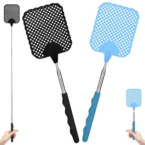 AYESY Matamoscas Extensible, 2 Piezas Matamoscas de Plástico Manual con Mango Telescópico Robusto y Duradero Swat Ajustable para Controlar Moscas Mosquitos Avispas Plagas (Negro, Azul)