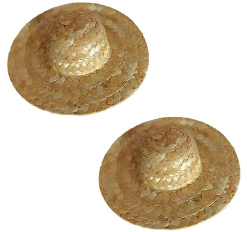 Mini Sombrero de Paja (2pcs 5x2, 5 cm ala Ancha Trenzado) Realista para Manualidades Botellas de Vino Decoraciones Joyas y Accesorios para muñecas.