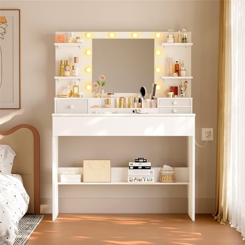 Coleshome Schminktisch mit LED-Spiegel und 10 Leuchten, Kosmetiktisch mit 3 Farbtemperaturen & 9 Helligkeitsstufen, Frisiertisch mit Schubladen, Organizer und Regal, Weiß, 100x40x136cm