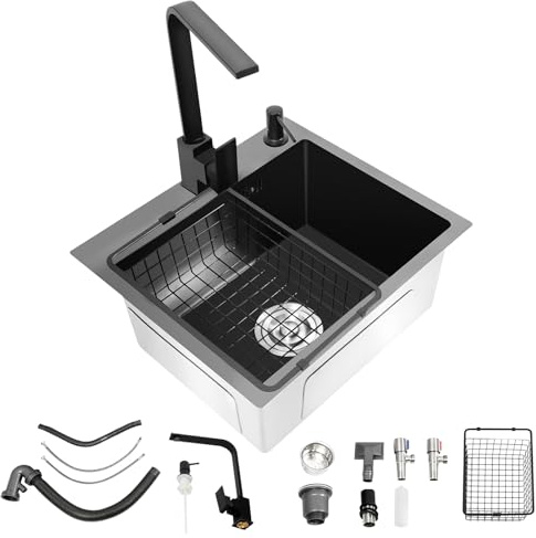 TONFEION Edelstahl Spüle Küchenspüle Set, Spülbecken 45x40cm Einbauspüle mit Wasserhahn und Abtropfkorb, Waschbecken mit 150ml Seifenspender, Edelstahlspüle 1 Becken Spüle Küche