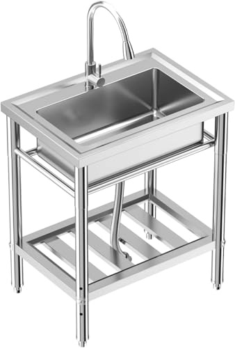 Fregadero de cocina independiente de acero inoxidable con grifo, estante y accesorios, juego completo para cocina, baño, comercio, 70 x 50 x 86 cm, inoxidable y duradero