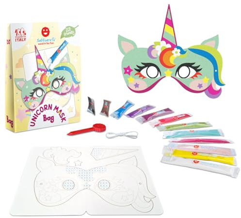 Sabbiarelli – Bag Unicorn Mask | Mini-Sand-Art-Set: Einhornmaske | Enthält Klebemotive, Farbsand und Abziehwerkzeug | 100% Made in Italy | Kreativer Bastelspaß | Kinder 5-12 Jahre