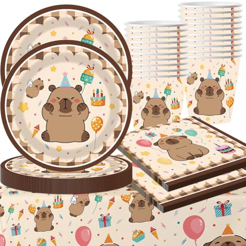 61 Pcs Juego de Vajilla para Fiesta Capybara, Dibujos Animados Vajilla Fiesta, Con de Papel Platos, Manteles Accesorios de Vajilla para Fiestas Infantiles para 20 personas