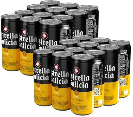 Estrella Galicia – Cerveza Lager Sin Gluten, Apta para Celíacos, Ligera y Refrescante, Sabor Suave y Equilibrado, Aroma a Malta y Cebada, 5,5% Vol. Alcohol – Pack 24 Latas x 33 cl