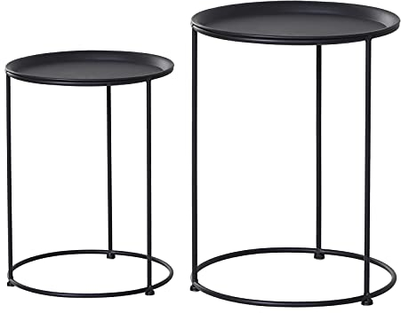 Outsunny Beistelltisch, 2er Set, Garten Couchtisch, Kaffeetisch mit erhöhten Kanten, Wohnzimmer, Metall Schwarz, Ø39/Ø33 x H39 cm