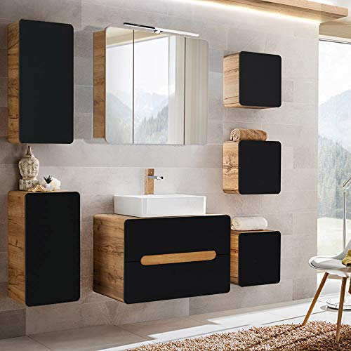 Lomadox Badezimmermöbel Set mit Waschtischunterschrank mit Keramik-Waschbecken & LED-Spiegelschrank, seidenmatt anthrazit mit Wotan Eiche Nb., B/H/T ca. 180/200/46 cm