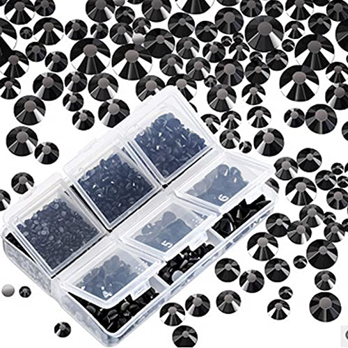 Qililandiy 4000pcs Hotfix Flatback Nail Rhinestones Hot Fix Crystals Gems Round Glass Stones with 6 Mixed Sizes for for Nail Art Phone Decorations Makeup Clothes Shoes Black SS6-SS30(2.0mm-6.4mm)
