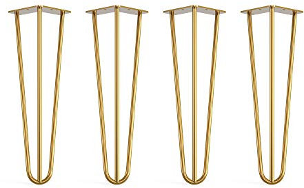 4 x Hairpin Legs with Floor Protector Feet & Screws - 40cm 3 Rod / 10mm, Gold Brass