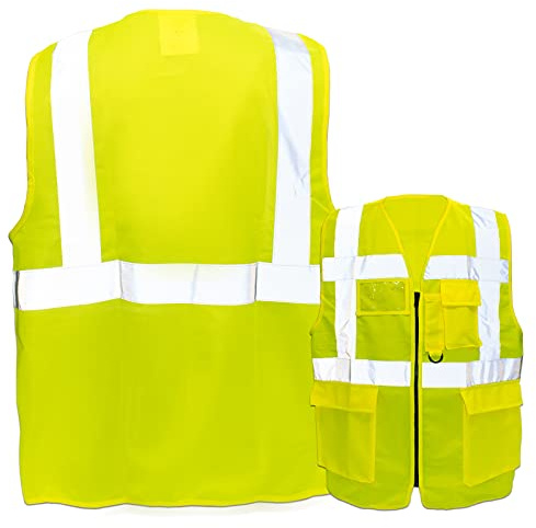 Warnweste mit Reißverschluss und Taschen * Ohne Druck (nur Weste) * Farbe & Größe: Gelb/Größe 5XL * Aufdruck selbst gestalten * Bedruckt mit Design Foto Text Logo