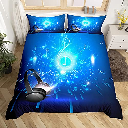 Homemissing Kopfhörer Bettwäsche 135x200cm Abdeckung Musiknoten Bettwäsche Set 3D Stereo Musik Bettbezug für Kinder Jungen Mädchen Rockmusik Themen Mikrofaser Bettwäsche Blau Zimmer Dekor