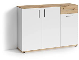 byLIVING Kommode Jakob / 3-türig mit 1 Schubkasten / 1 Schublade braun Eichen-Optik/Sideboard matt weiß/B 110, H 83,5, T35,5 cm