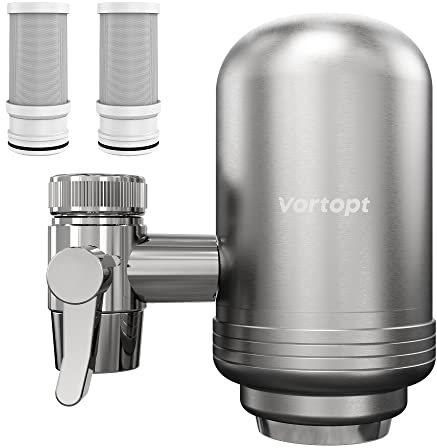 Vortopt Filtre eau Robinet en Acier Inoxydable, Système de Filtration d'eau à Bloc de Carbone, Filtre à eau du Robinet, Réduit Chlore, Mauvais Goût et Odeur, T2 (2 Filtres Inclus)