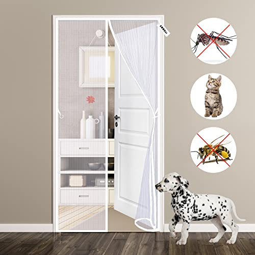 Fly Screens for Doors, Heavy Duty Patio Insect Door Screen, 90 x 220 cm Anti Mosquito Mesh Fly Curtain Nets with Powerful Magnets&Full Frame Magic Tape, Keep Bugs Out&Lets Fresh Air in White