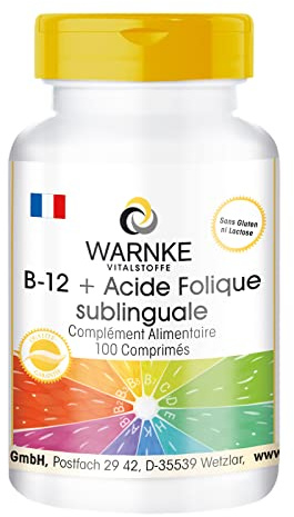 B12 + Folsäure sublingual mit Acerola - 500µg Vitamin B12 & 100µg Folsäure pro Tagesdosis - 100 Tabletten - hochdosiert - vegan | Warnke Vitalstoffe - Deutsche Apothekenqualität