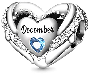 GNOCE Geburtsstein-Charm für Charms-Armband 925er Sterlingsilber Liebes-Herz-Perle Alles Gute zum Geburtstag Charms für Armband/Halskette Geschenk (Dezember)