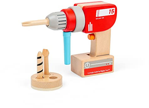 Bigjigs Toys Wooden Kids Drill - Toy Drill with 3 Magnetic Drill Bits, Clickable On/Off Button, Detachable Pretend Battery, Ideal for Kids Tool Sets, Unique Wooden Toys for 3 Year Olds