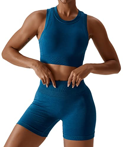Gym Set Damen Zweiteiler Frauen Sport BH Oberteile Crop Tops+High Waist Shorts Workout Outfit Yoga Kleidung Sportanzug Sportkleidung Fitness Bekleidung Sportsachen Trainingsanzug Dunkelblau Shorts M
