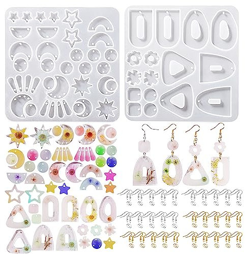 Attuslla Ohrringe Epoxidharz Formen Schmuck Stern und Mondform Silikonformen Epoxidharz mit Ohrhaken, Sprengringe für Schmuckherstellung Anhänger Halskette Ohrringe Dekoration