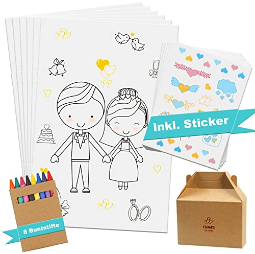 Hossom Hochzeitsmalbuch für Kinder 6er Set, Kinder Malbuch Hochzeit, Ausmalbuch Hochzeit mit Buntstiften & Aufkleber, Kindermalbuch Hochzeit Kinder Beschäftigung Spiele Gastgeschenke Hochzeit Kinder