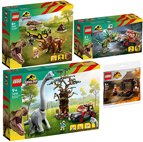 Lego Lot de 4 : 76958 embuscade du dilophosaure, 76959 recherche Tricératops, 76960 découverte du brachiosaure et 30390 marché des dinosaures Polybag