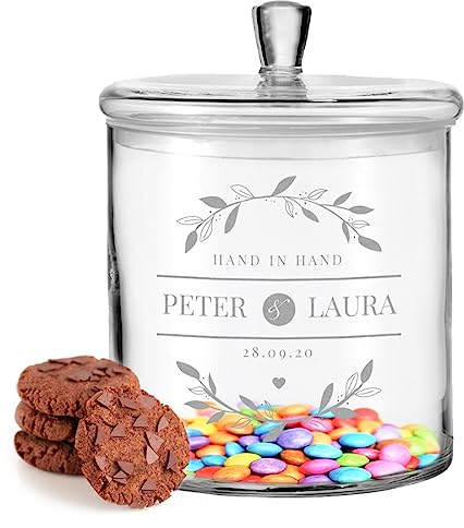 polar-effekt Leonardo Keksdose aus Glas mit individueller Gravur passend zur Hochzeit - Glas-Dose mit Namen - das Hochzeitsgeschenk für die goldene Hochzeit - Jahrestag und Verlobung